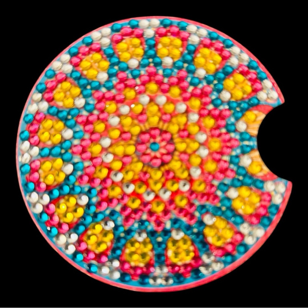 Colorful Car Coaster Hand Crafted & Sealed Diamond Art Cork Backing 2.8” Round